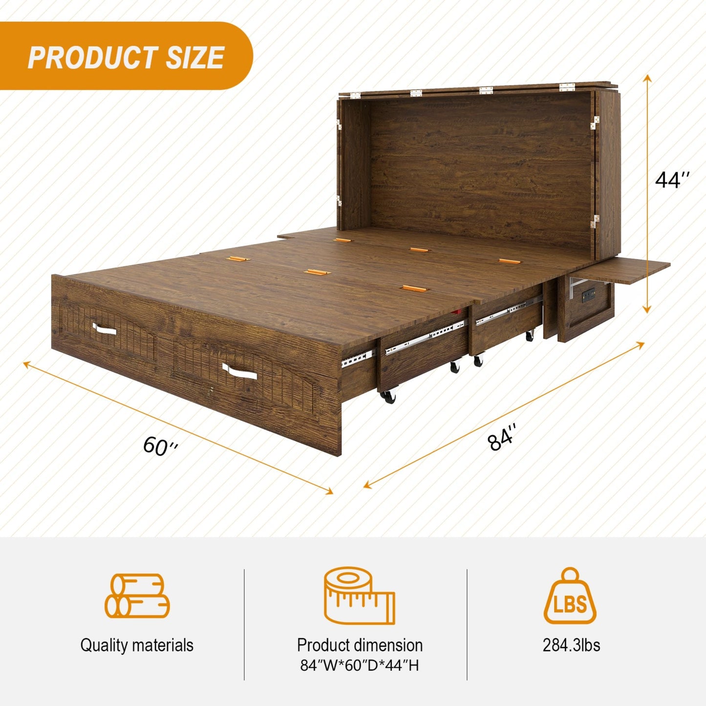 Murphy Bed Cabinet, Murphy Bed Queen with USB and Charging Ports, Murphy Bed Cabinet with Drawer Includes Storage Cabinet,Reddish-Brown Cabinet Bed for Guest Bed-3