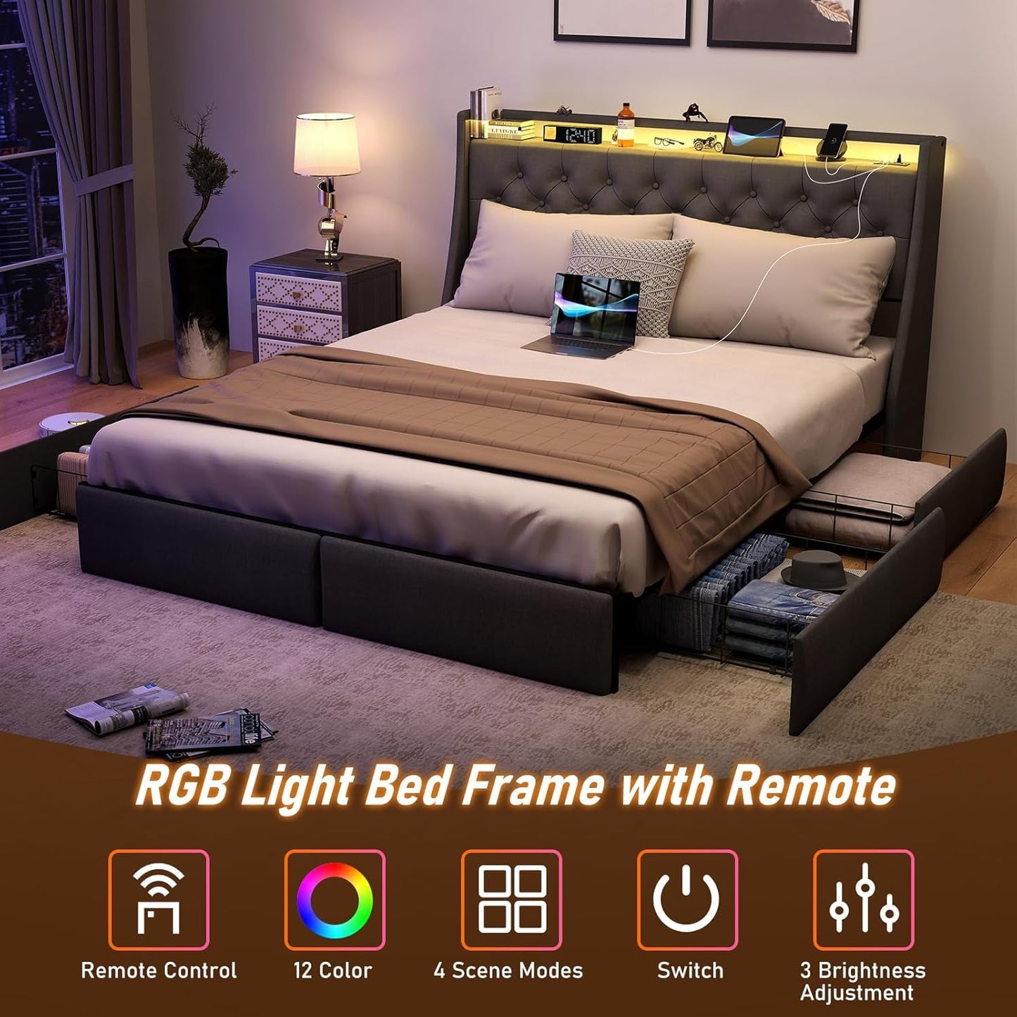 Queen Bed Frame with Storage Headboard and 4 Drawer, Metal Platform Bed Frame Queen Size with LED Light, Charging Station, No Box Spring Needed, Noise Free, Easy Assembly, Grey-3