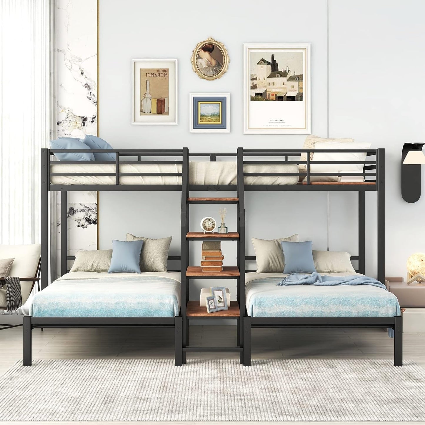 Metal Triple Bunk Bed with Stairs, 3 Beds Bunk Bed, Twin over Twin & Twin Bunk Bed with Storage Shelves Staircase, for Kids Teens Adults, Black-2