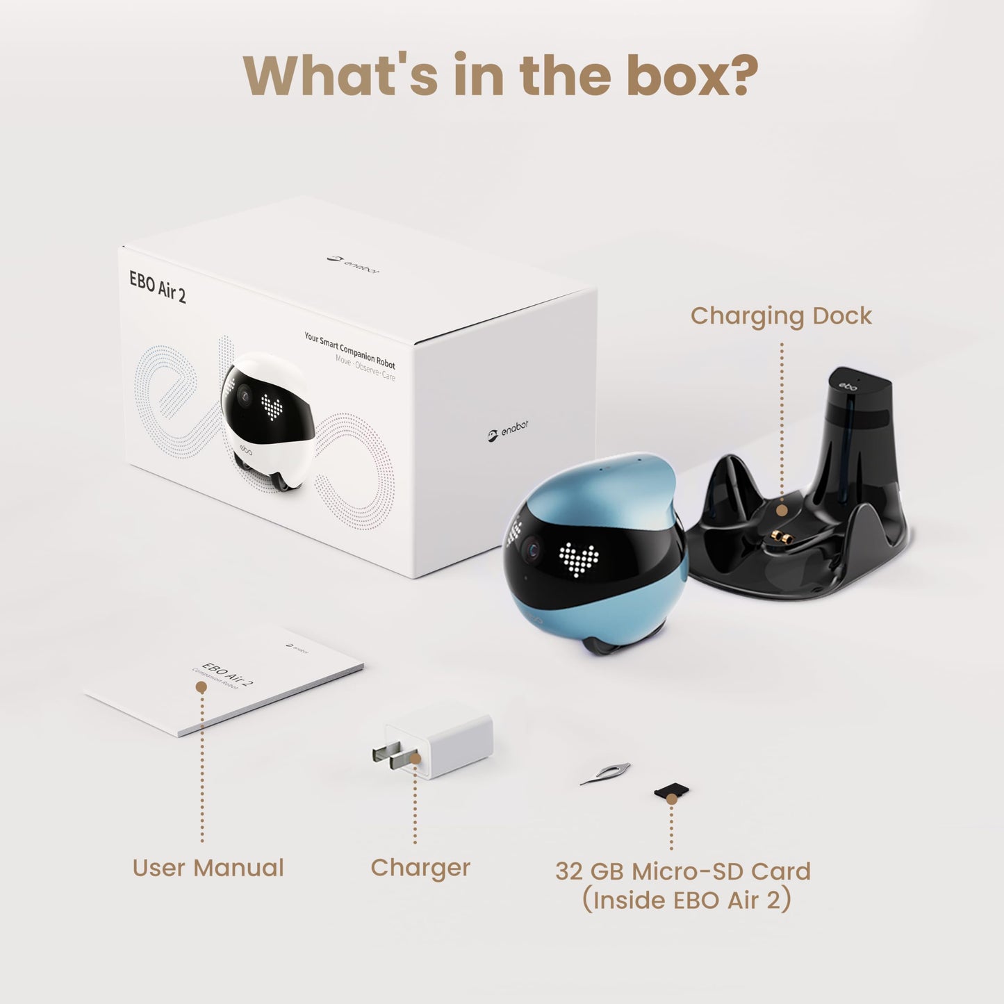 Indoor Security Camera Robot EBO Air 2: 2K Pet Camera, Movable Home Robot, Custom Facial Expression, Auto-Recharge, Battery-Operated, 2-Way Talk, Night Vision, 32GB Memory Card (Dove White)