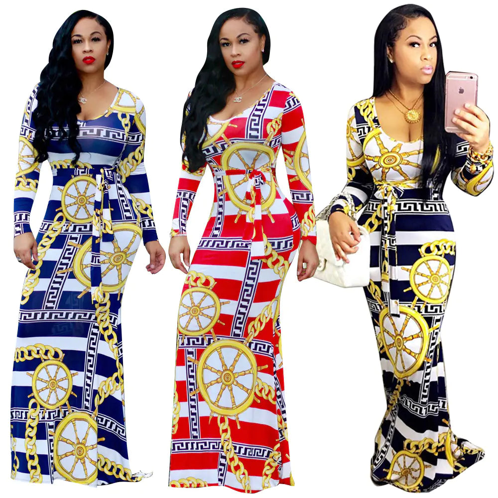 S3086-0 Striped Dress - Digital Print Long Sleeve Dress