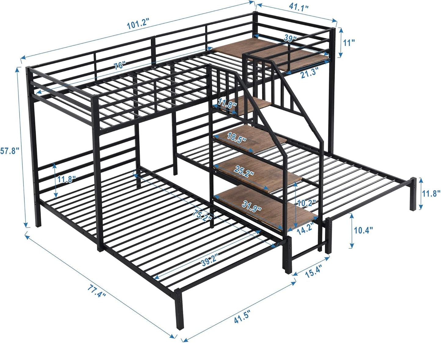 Metal Triple Bunk Bed with Stairs, 3 Beds Bunk Bed, Twin over Twin & Twin Bunk Bed with Storage Shelves Staircase, for Kids Teens Adults, Black-1