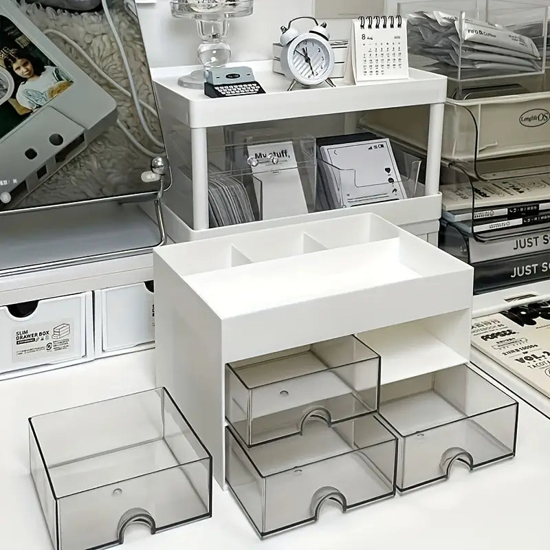 White Acrylic 4-Drawer Desktop Organizer with Open Tray Top-3