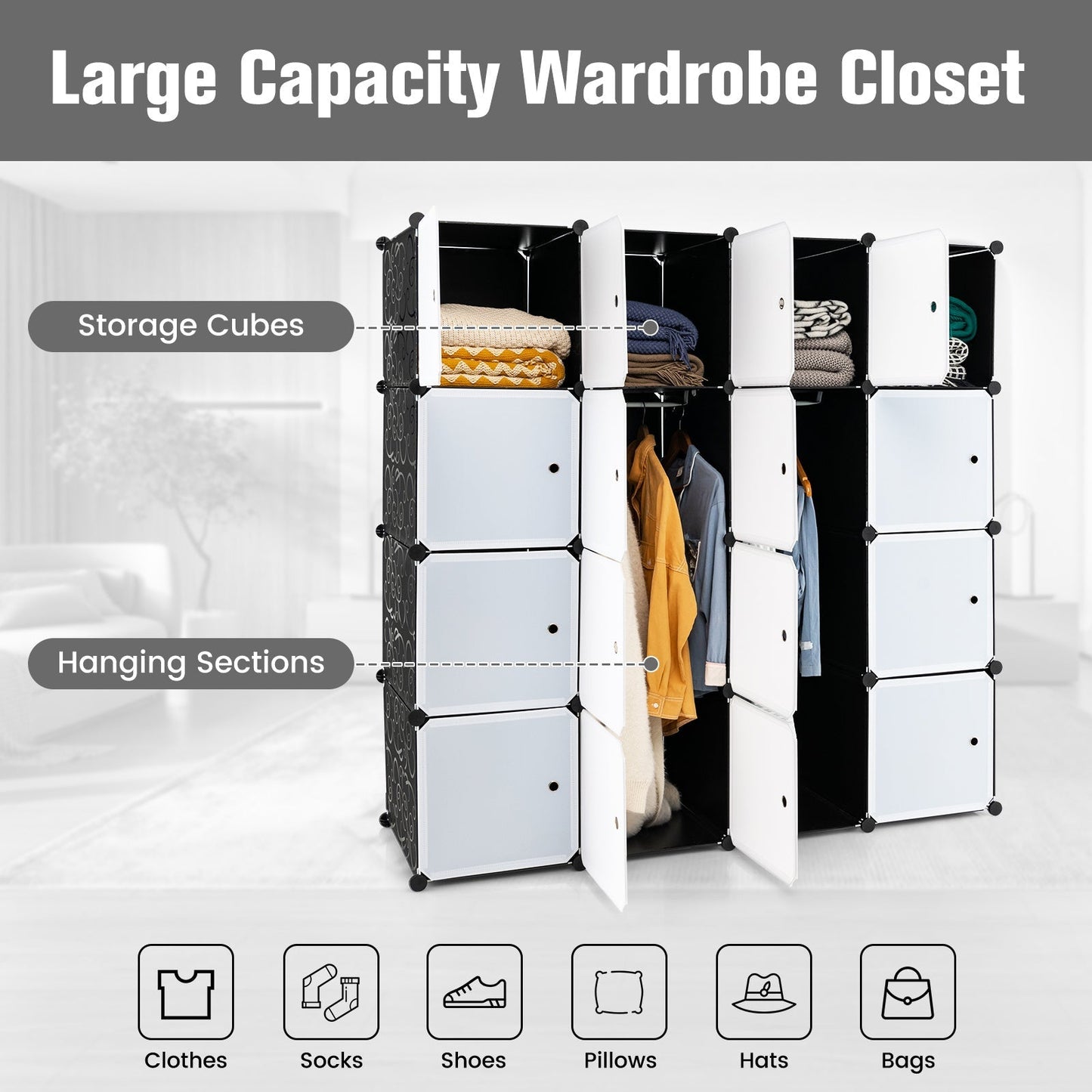 Storage Wardrobe Closet with Hanging Rods-4