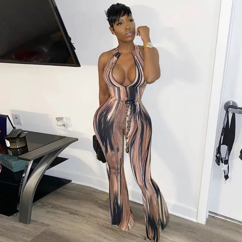 Fashionable Printed Jumpsuit with Halter Neck