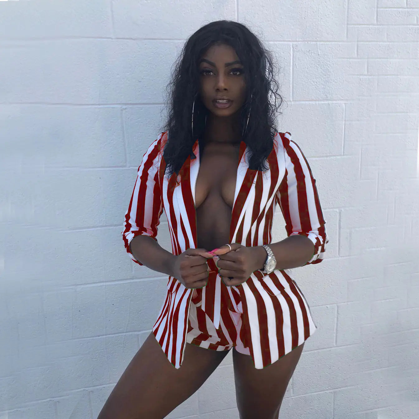 YZ1098 Women's Fashion Striped Shorts Suit Set