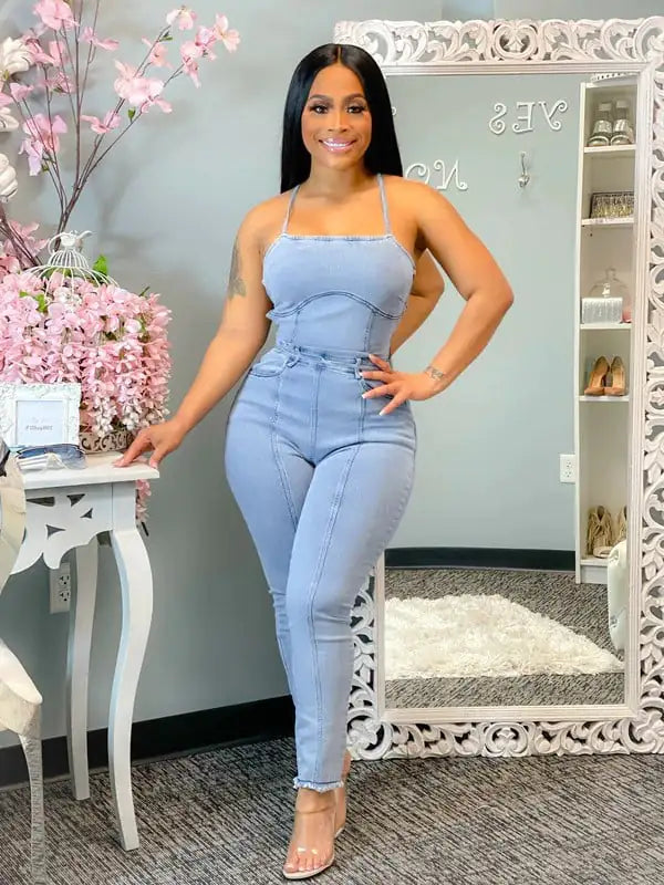 Casual Slim Backless Bandage Denim Jumpsuit