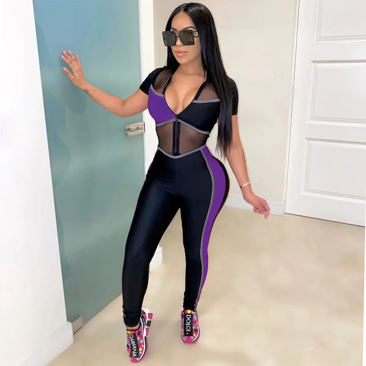 Colorblock Mesh Slim-Fit Jumpsuit for Women
