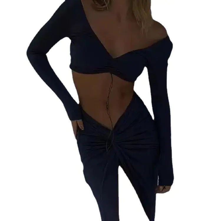 Summer Sexy V-Neck Drawstring Crop Dress Two-Piece Set