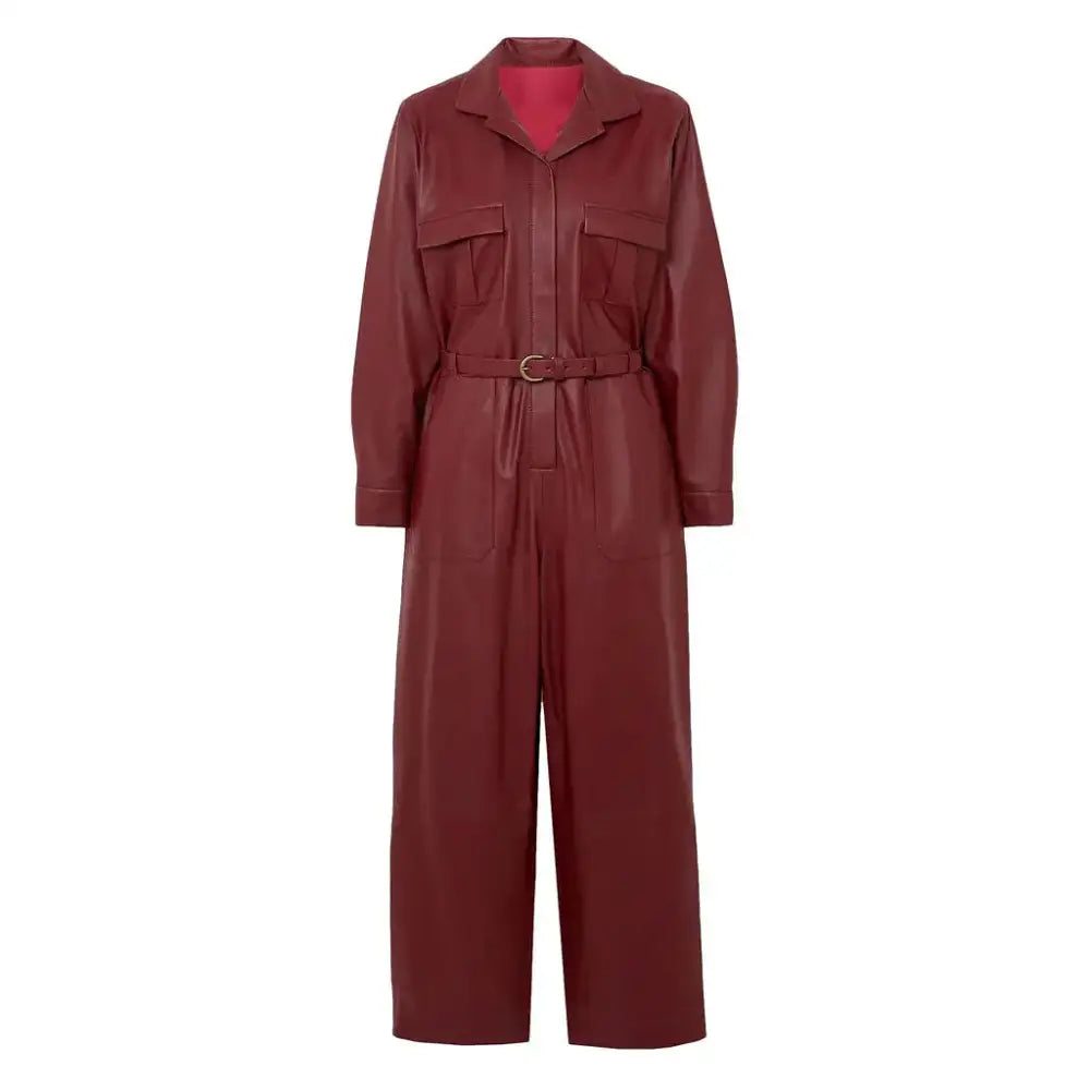 Women's Cherry Red Leather Jumpsuit-2