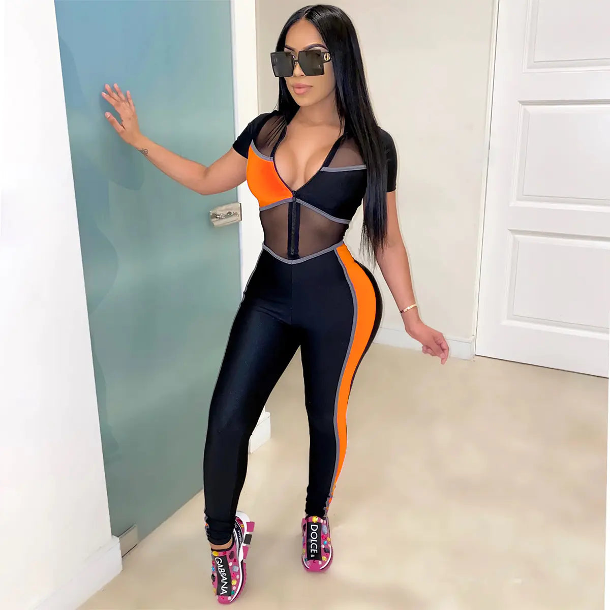 Colorblock Mesh Slim-Fit Jumpsuit for Women