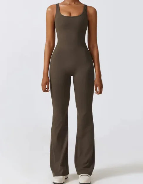 Sleeveless Flare Jumpsuit - Fitted Yoga Bodysuit (One)
