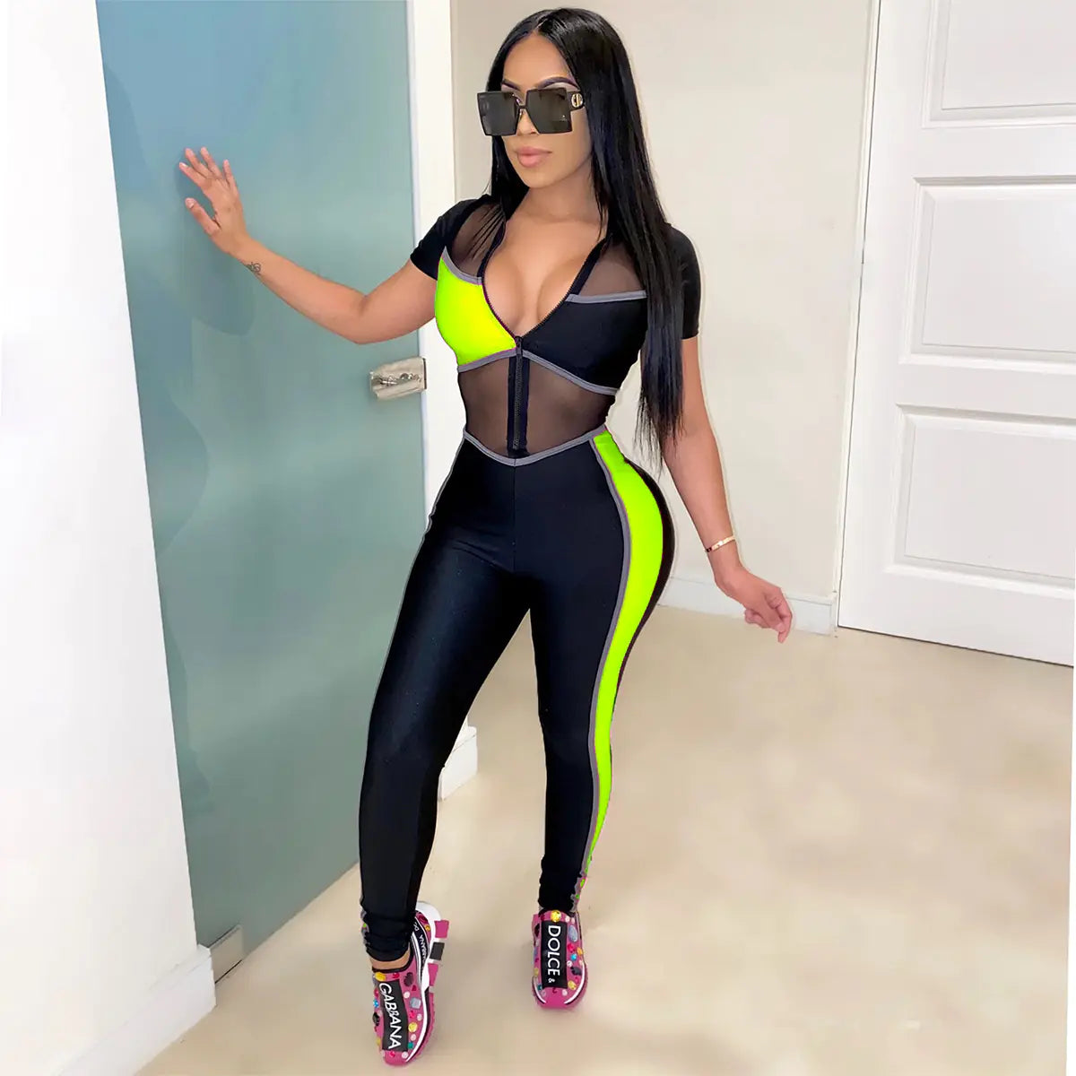 Colorblock Mesh Slim-Fit Jumpsuit for Women