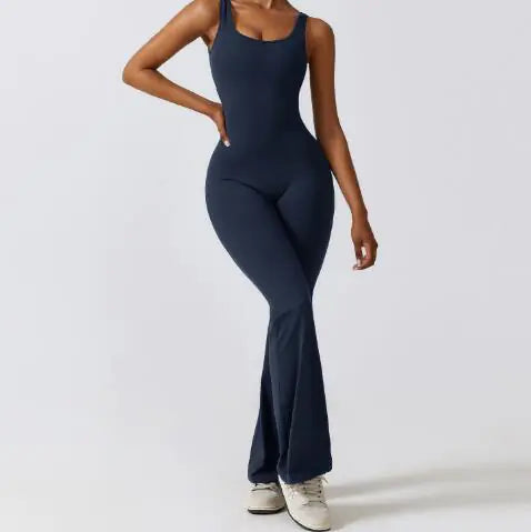 Sleeveless Flare Jumpsuit - Fitted Yoga Bodysuit (One)