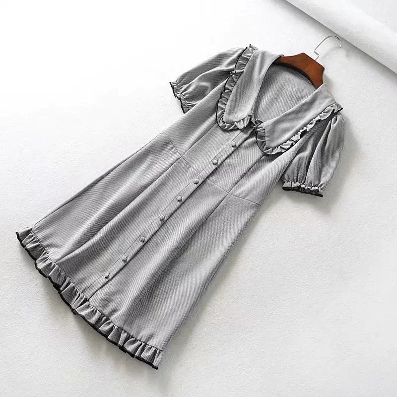 Vintage Short Sleeve High Waist Checkered Dress for Women