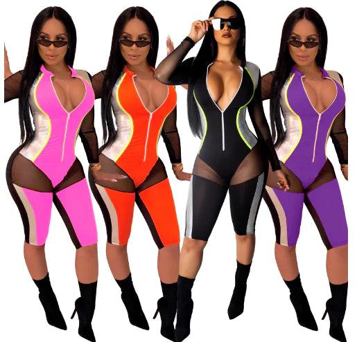 Colorblock Mesh Slim-Fit Jumpsuit for Women