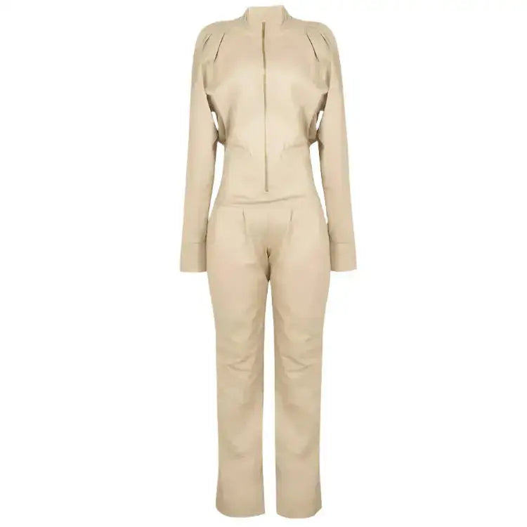 Women's Round Neckline Leather Jumpsuit-0