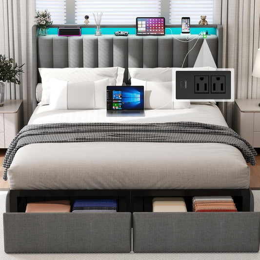 Queen Bed Frame with LED Lights and Storage Drawers-0