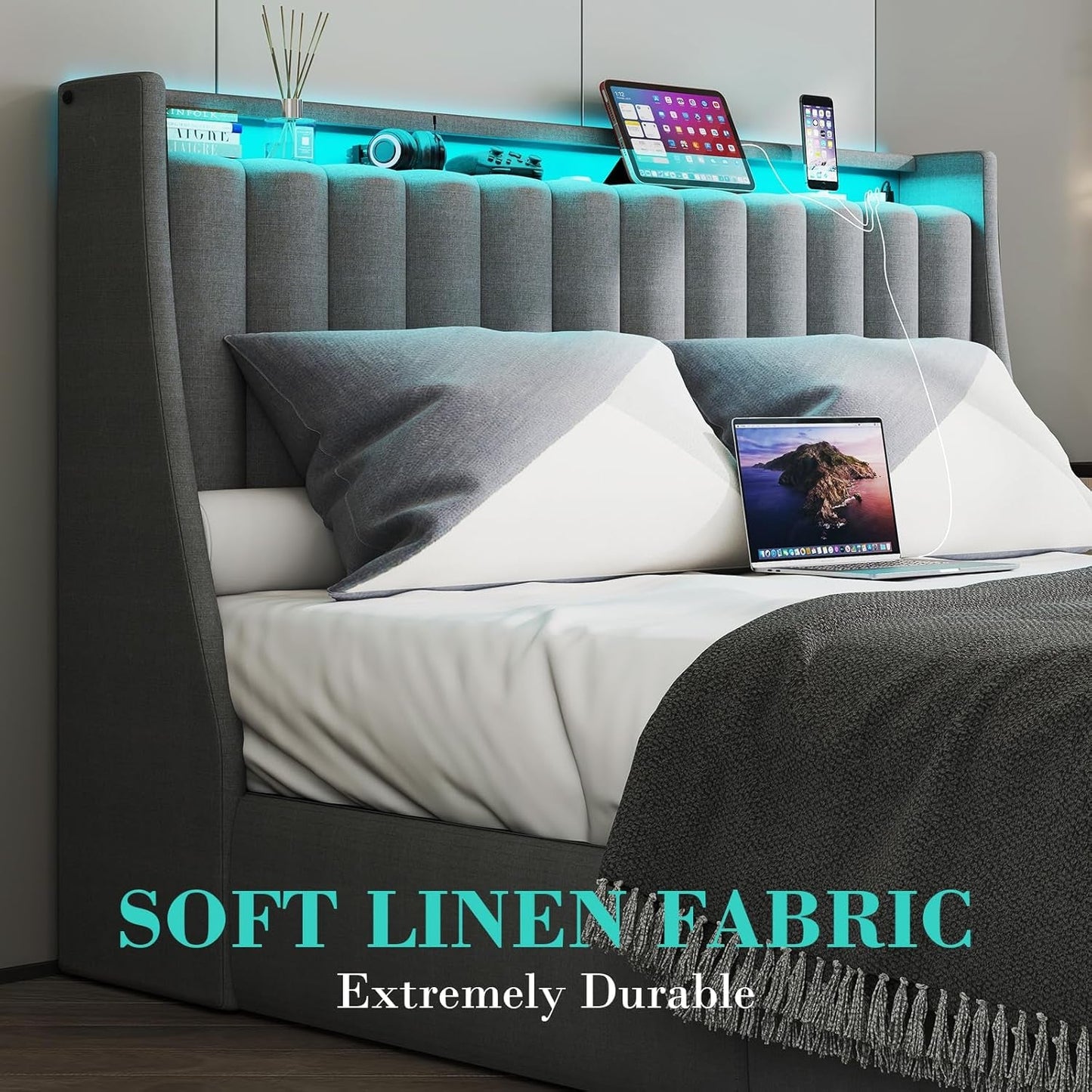 Queen Bed Frame with LED Lights and Storage Drawers-4
