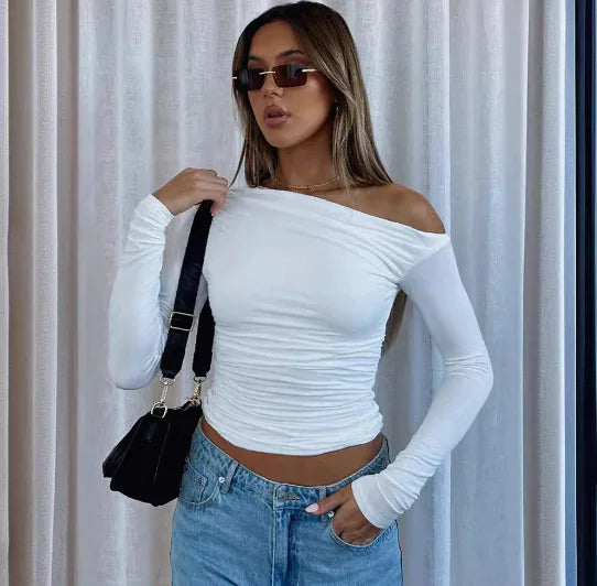 New Spring Summer Women's Gray One-Shoulder T-Shirt