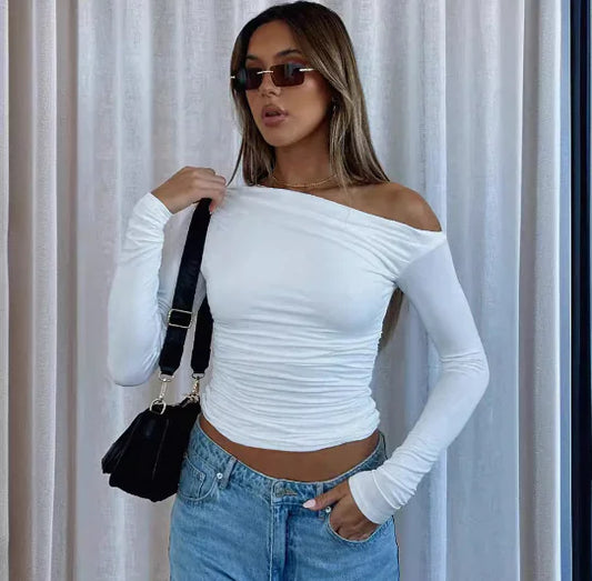 New Spring Summer Women's Gray One-Shoulder T-Shirt