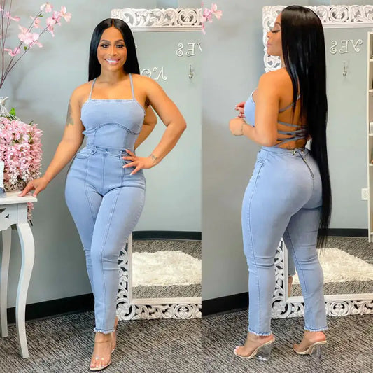 Casual Slim Backless Bandage Denim Jumpsuit