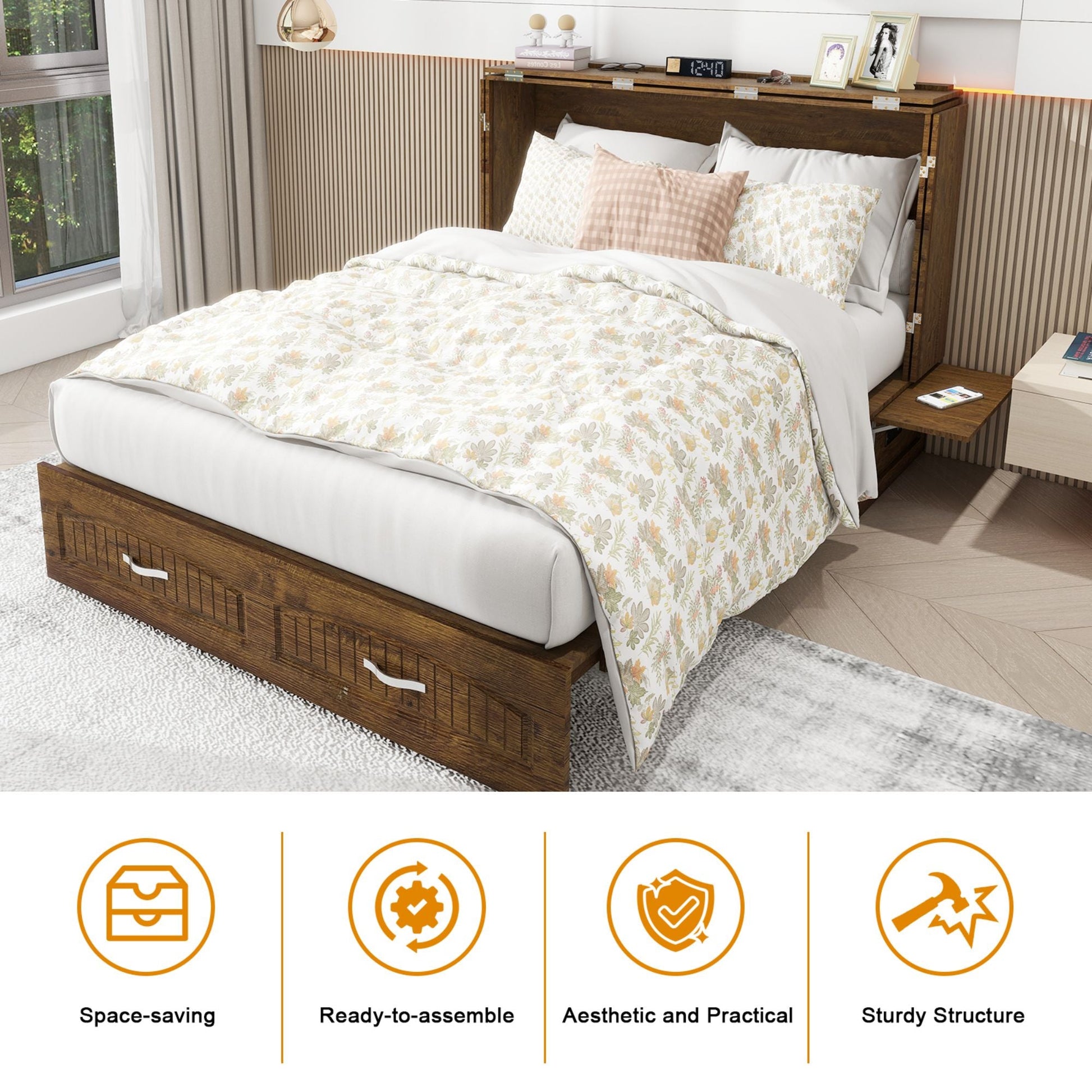 Murphy Bed Cabinet, Murphy Bed Queen with USB and Charging Ports, Murphy Bed Cabinet with Drawer Includes Storage Cabinet,Reddish-Brown Cabinet Bed for Guest Bed-1