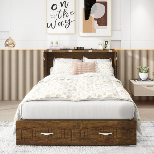 Murphy Bed Cabinet, Murphy Bed Queen with USB and Charging Ports, Murphy Bed Cabinet with Drawer Includes Storage Cabinet,Reddish-Brown Cabinet Bed for Guest Bed-0
