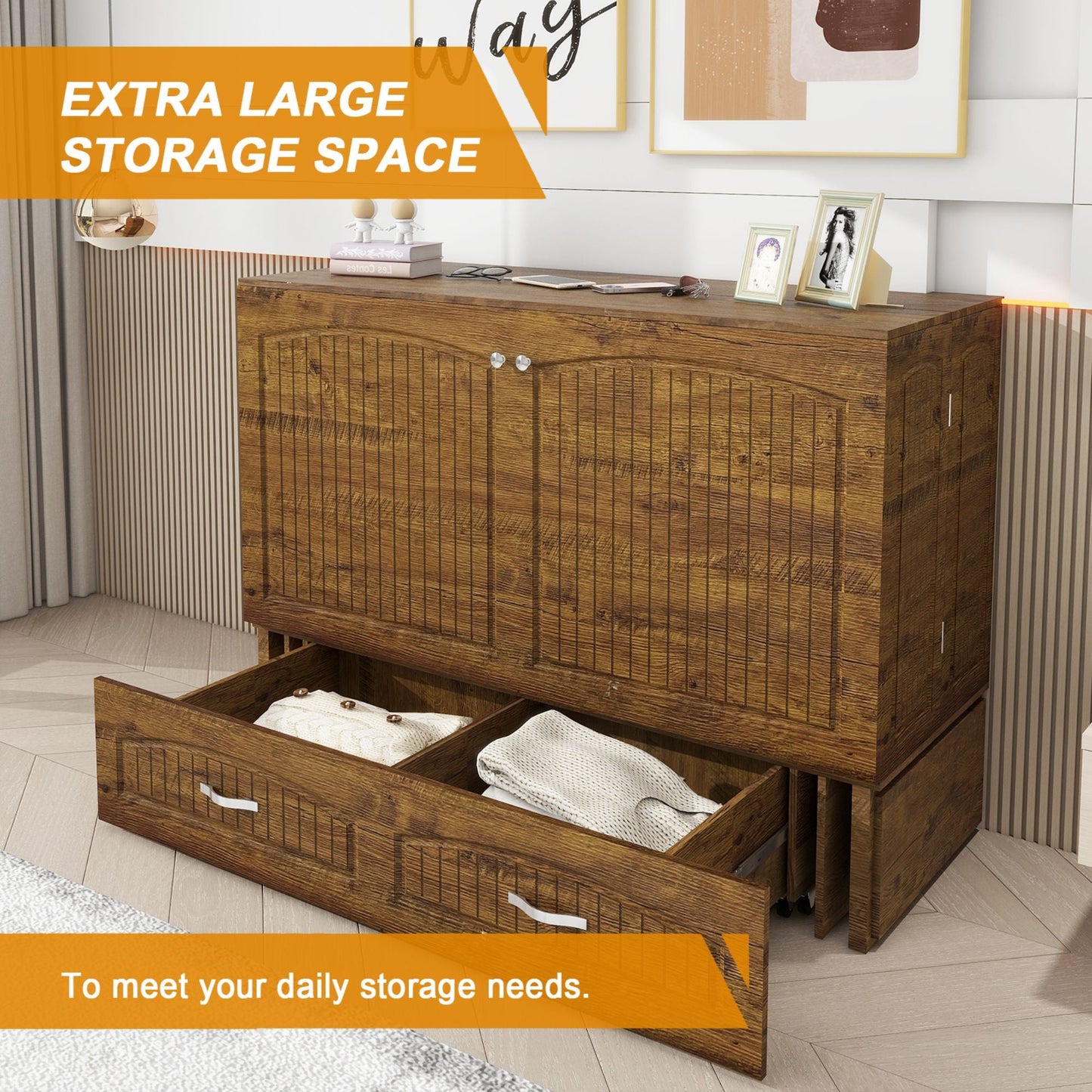 Murphy Bed Cabinet, Murphy Bed Queen with USB and Charging Ports, Murphy Bed Cabinet with Drawer Includes Storage Cabinet,Reddish-Brown Cabinet Bed for Guest Bed-2