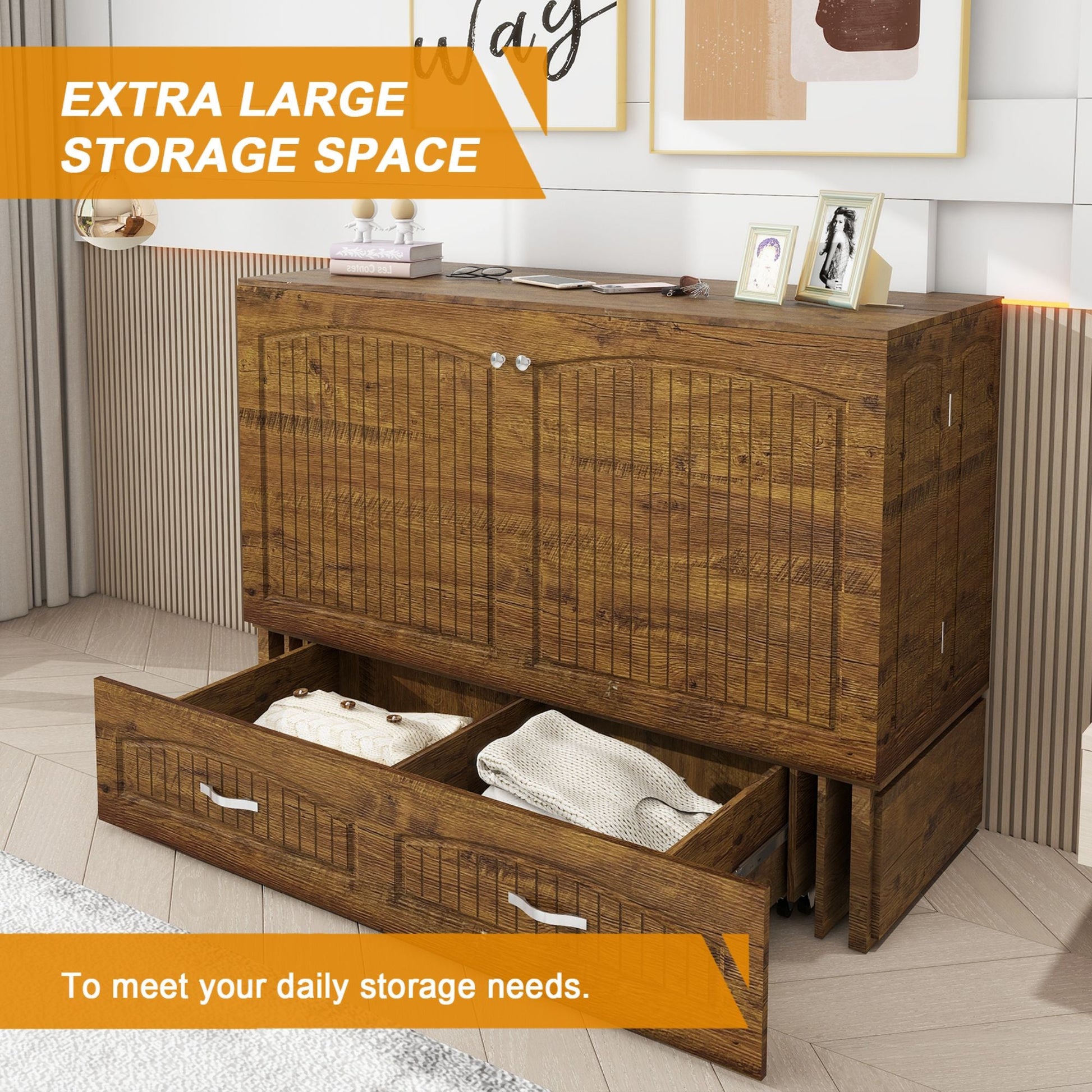 Murphy Bed Cabinet, Murphy Bed Queen with USB and Charging Ports, Murphy Bed Cabinet with Drawer Includes Storage Cabinet,Reddish-Brown Cabinet Bed for Guest Bed-2