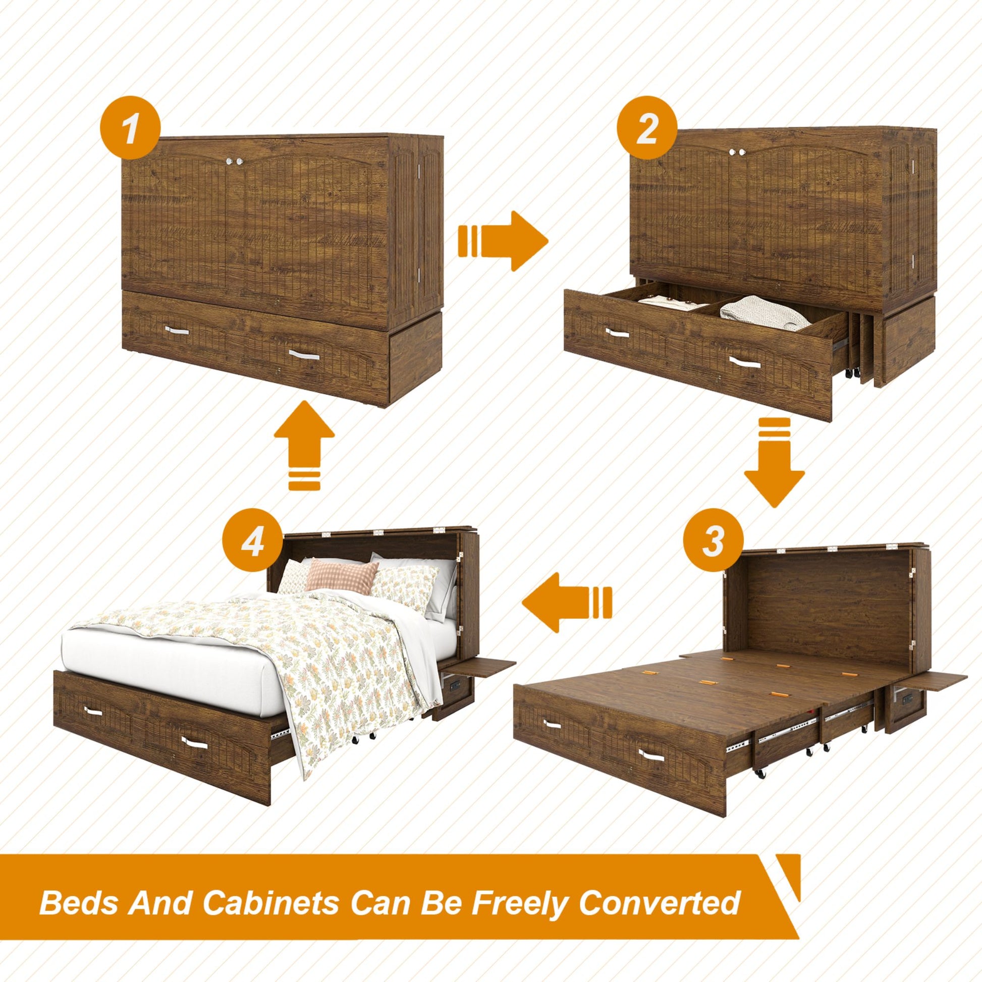 Murphy Bed Cabinet, Murphy Bed Queen with USB and Charging Ports, Murphy Bed Cabinet with Drawer Includes Storage Cabinet,Reddish-Brown Cabinet Bed for Guest Bed-4