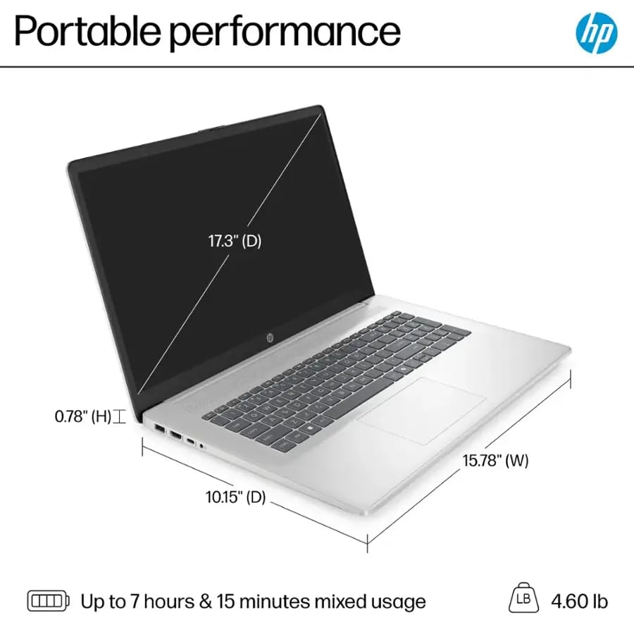 HP 17.3 inch Laptop, HD+ Display, AMD Ryzen 5 7520U, 16 GB RAM, 512 GB SSD, AMD Radeon Graphics, Windows 11 Home, Natural Silver, 17-cp2199nr