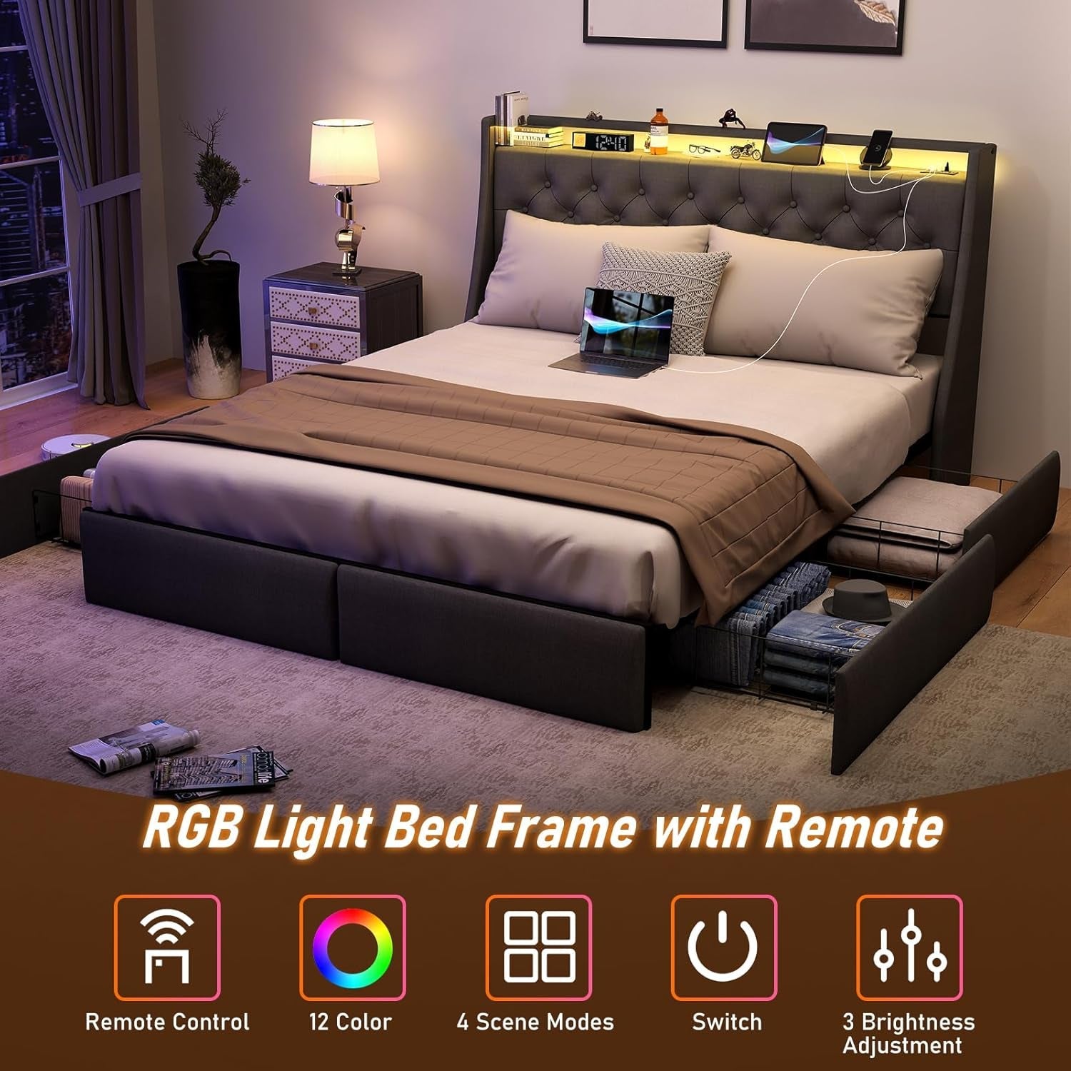 Queen Bed Frame with Storage Headboard and 4 Drawer, Metal Platform Bed Frame Queen Size with LED Light, Charging Station, No Box Spring Needed, Noise Free, Easy Assembly, Grey-3