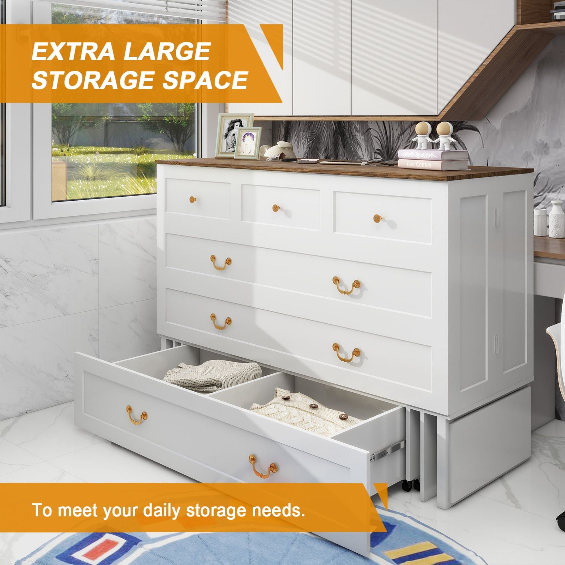 Murphy Bed Cabinet,Murphy Bed Queen with USB, Murphy Bed Cabinet with Drawer,Cabinet Bed for Guest Room, White-2