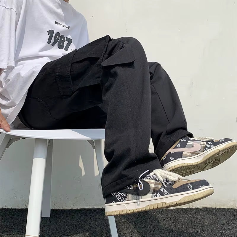 Black/White Cargo Pants Men Fashion Loose Straight Wide Leg Pants Men Streetwear Hip-Hop Pocket Casual Pants Mens Trousers