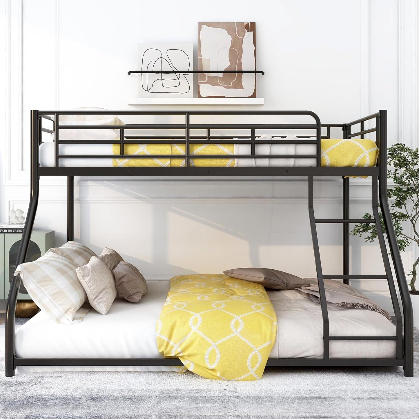 Twin over Queen Bunk Bed, Floor Bunk Bed, Heavy Duty Metal Bunk Bed Frame, Queen Bunk Bed for Adults, Adult Bunk Beds Heavy Duty, Twin XL Bunk Bed, Black-2
