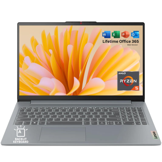 Lenovo IdeaPad Slim 3 with Backlit Keyboard • AMD AI-Enhanced Ryzen 5 (Outperforms Intel i7-1255U) • 16GB RAM • 512GB SSD • Type-C • Windows 11 Pro • Lifetime Office 365 for The Web • No Mouse
