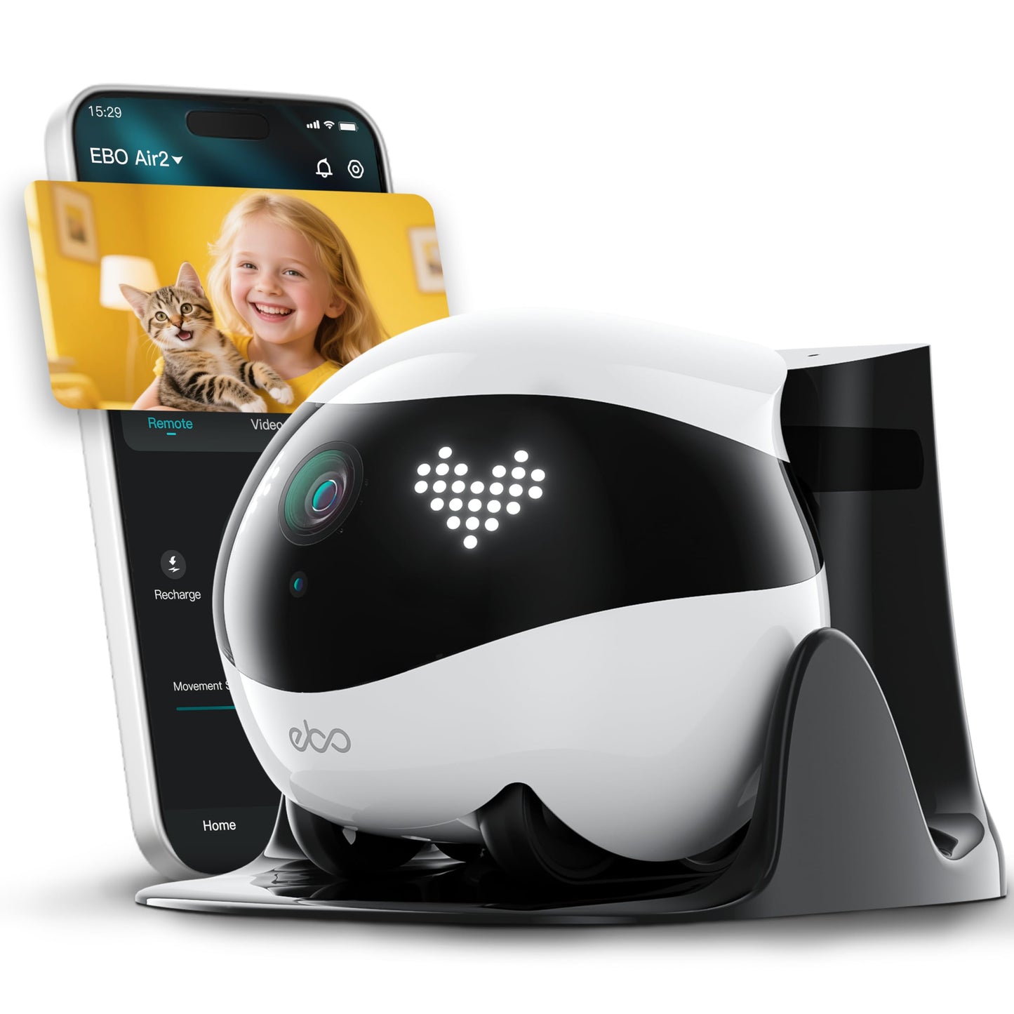 Indoor Security Camera Robot EBO Air 2: 2K Pet Camera, Movable Home Robot, Custom Facial Expression, Auto-Recharge, Battery-Operated, 2-Way Talk, Night Vision, 32GB Memory Card (Dove White)