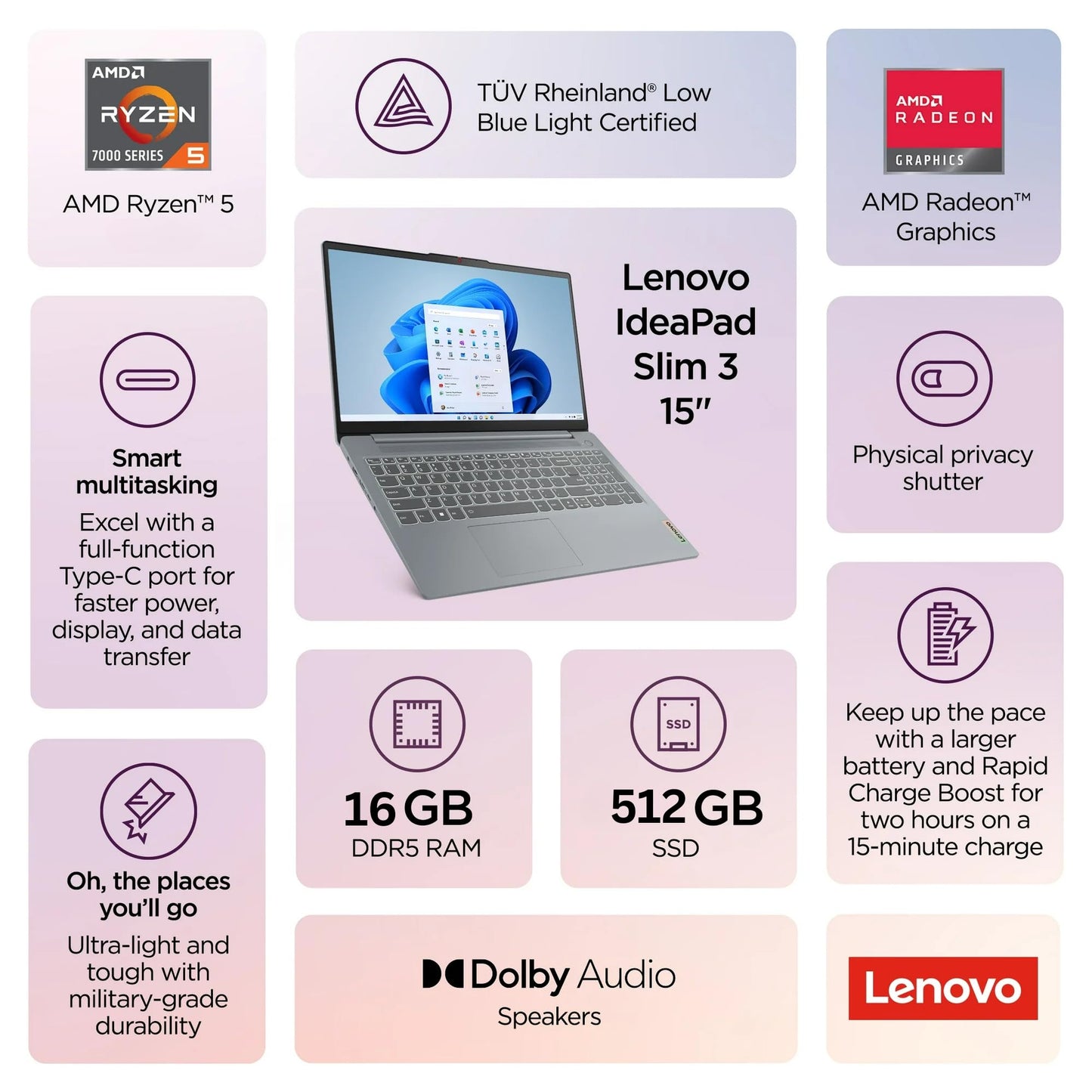 Lenovo IdeaPad Slim 3 with Backlit Keyboard • AMD AI-Enhanced Ryzen 5 (Outperforms Intel i7-1255U) • 16GB RAM • 512GB SSD • Type-C • Windows 11 Pro • Lifetime Office 365 for The Web • No Mouse