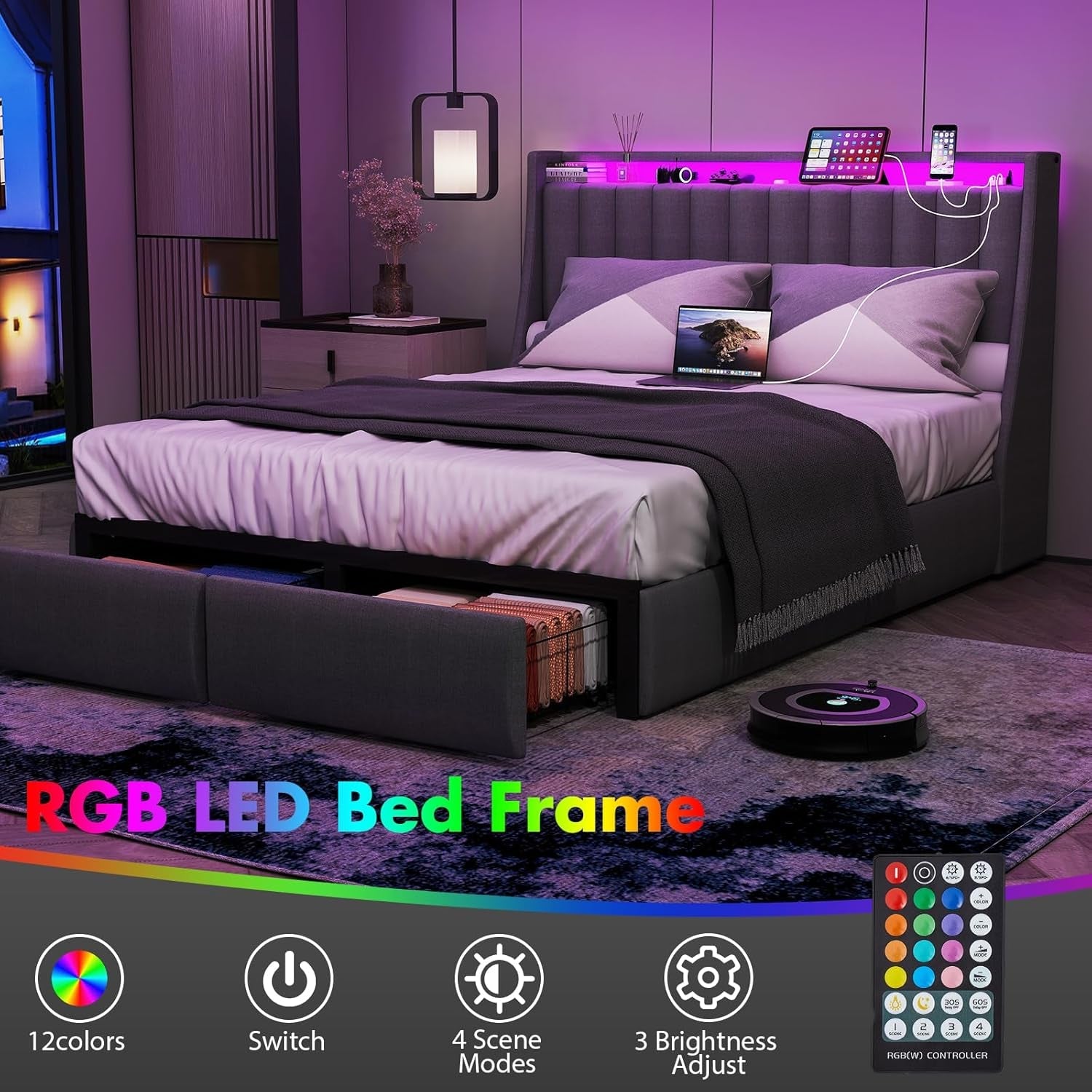 Queen Bed Frame with LED Lights and Storage Drawers-3