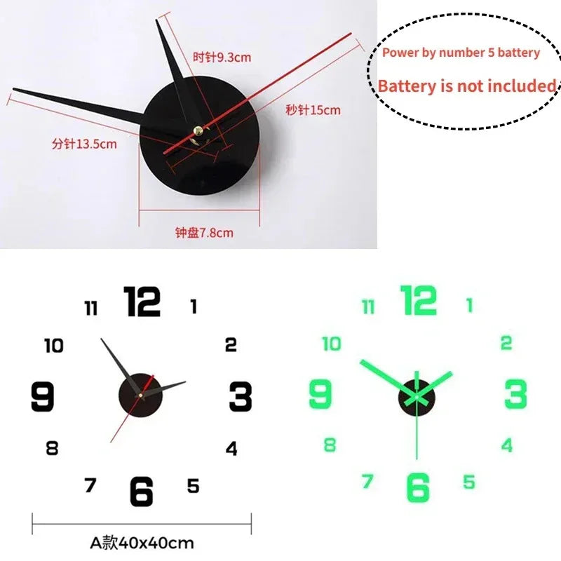 Luminous 3D Frameless Acrylic Wall Clock, Digital Clock, Silent Clock for Living Room, Bedroom, Office, Wall Decoration, DIY