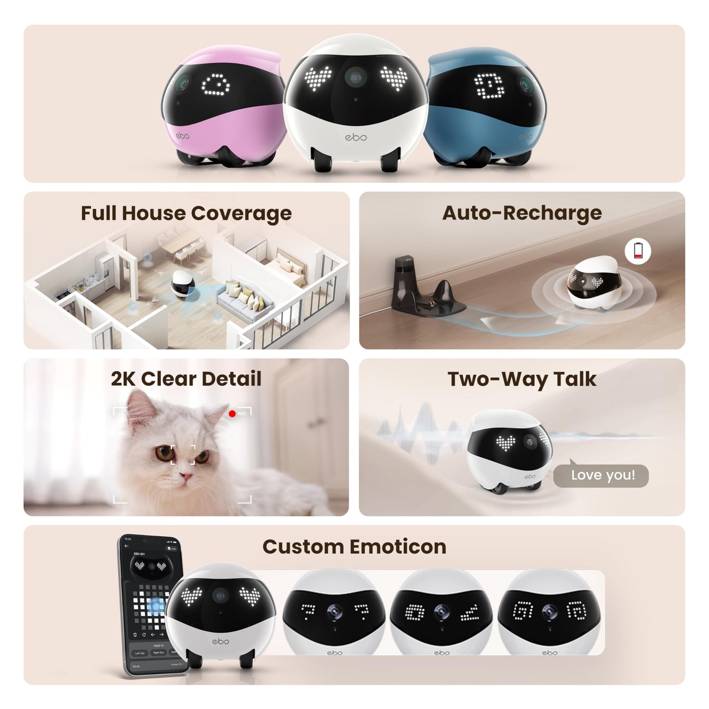 Indoor Security Camera Robot EBO Air 2: 2K Pet Camera, Movable Home Robot, Custom Facial Expression, Auto-Recharge, Battery-Operated, 2-Way Talk, Night Vision, 32GB Memory Card (Dove White)