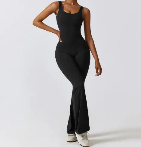 Sleeveless Flare Jumpsuit - Fitted Yoga Bodysuit (One)