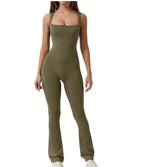 Sleeveless Flare Jumpsuit - Fitted Yoga Bodysuit (One)