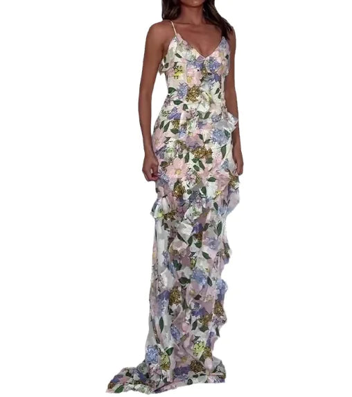 Irregular Strap Maxi Dress, V-Neck Printed Chiffon Dress