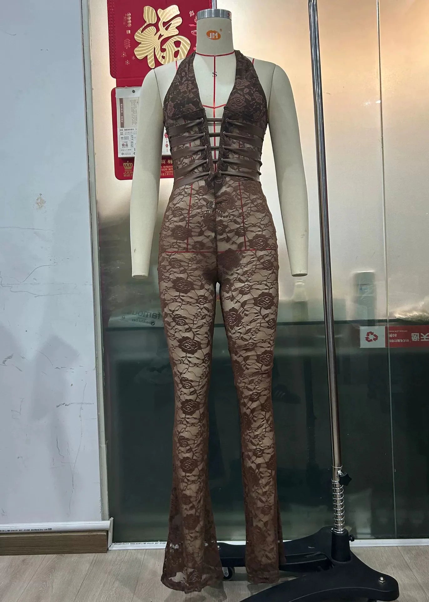 Lace-Up Sheer Slim-Fit Jumpsuit