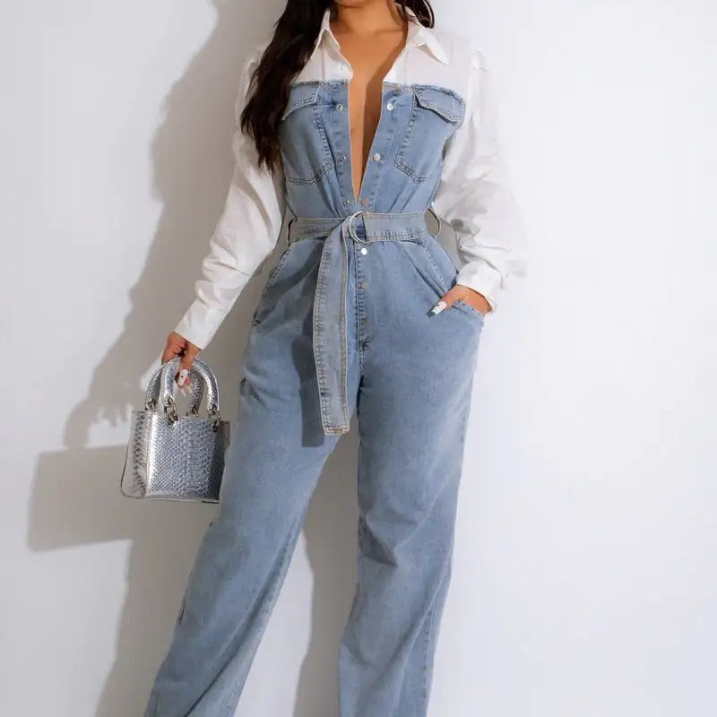 Plus Size Casual Denim Stitching Jumpsuit