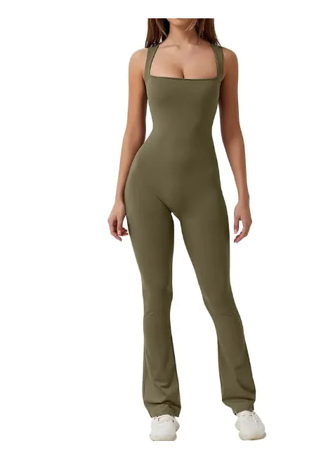 Sleeveless Flare Jumpsuit - Fitted Yoga Bodysuit (One)