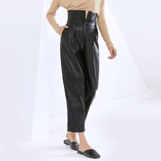 High Waist PU Leather Carrot Pants for Women