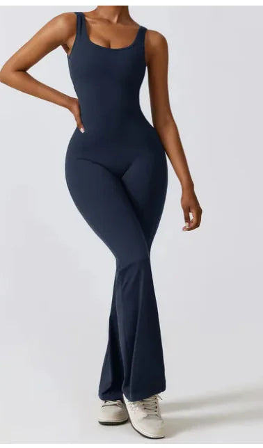 Sleeveless Flare Jumpsuit - Fitted Yoga Bodysuit (One)